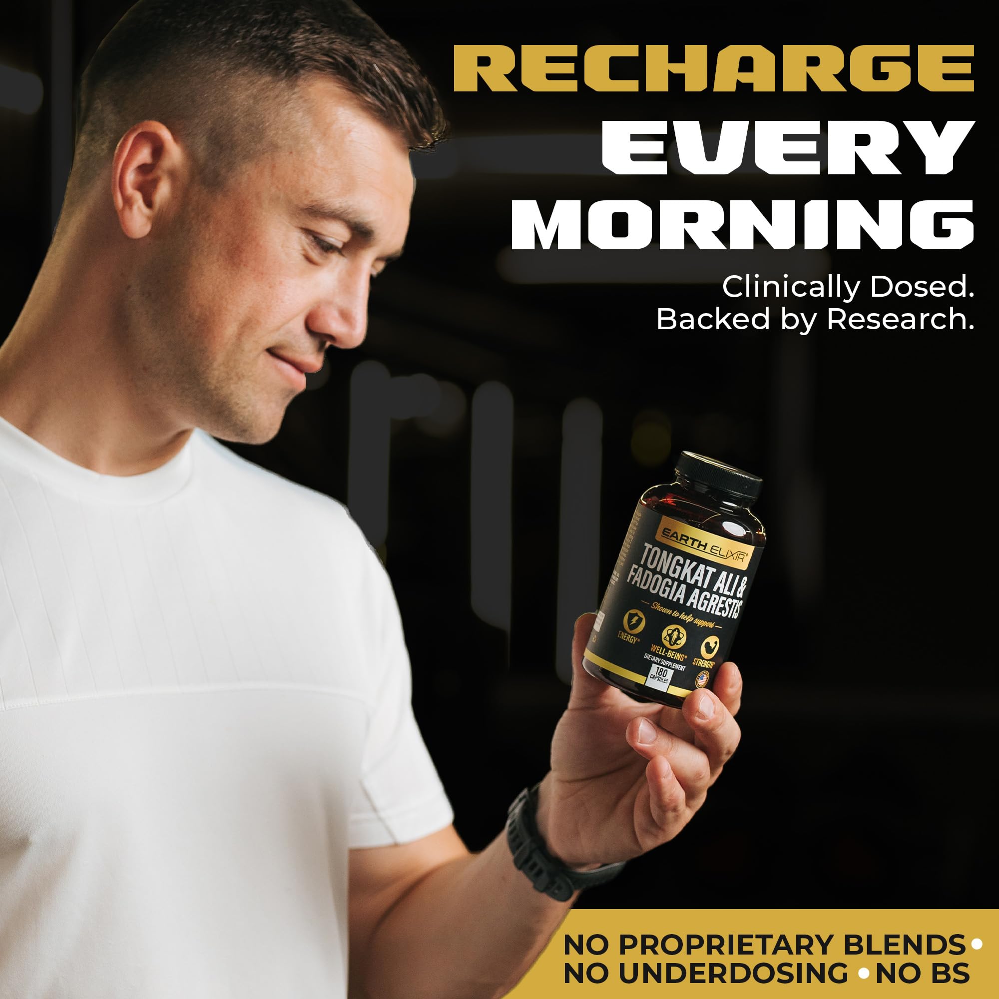 Earth Elixir bottle beside workout gear suggesting pre-workout vitality