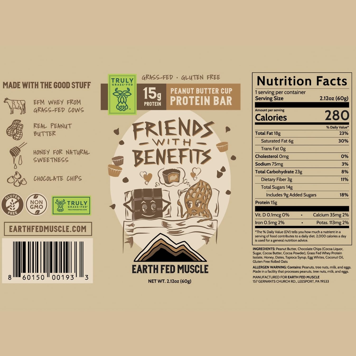 Earth Fed Muscle bar packaging close-up highlighting gluten-free non-GMO formula