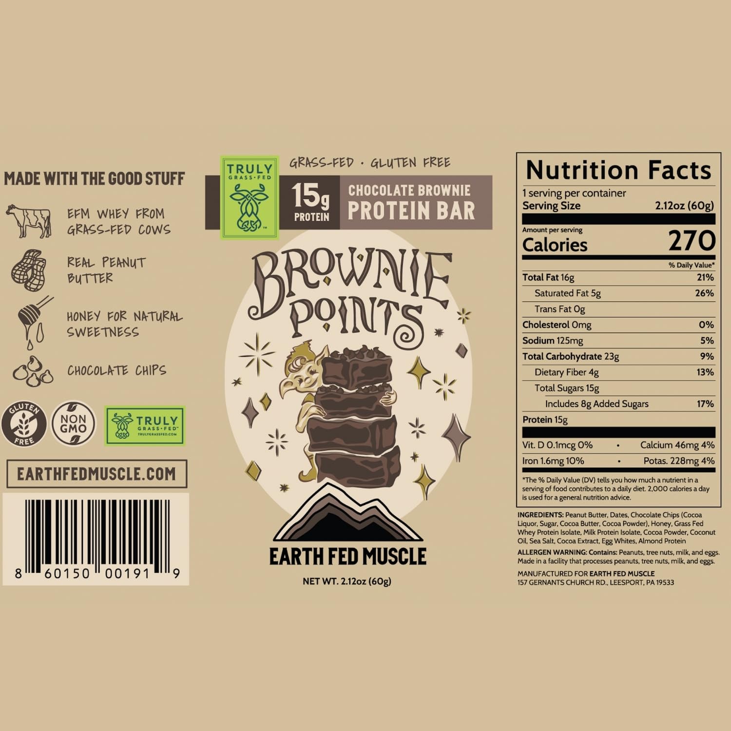 Earth Fed Muscle Brownie Points bar packaging shows gluten-free, non-GMO labeling for a clean snack.