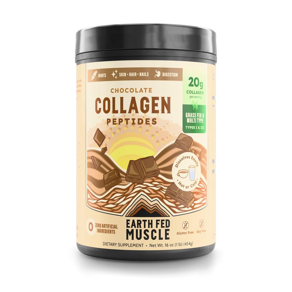 Earth Fed Muscle chocolate collagen powder tub showcases grass-fed formula for daily use