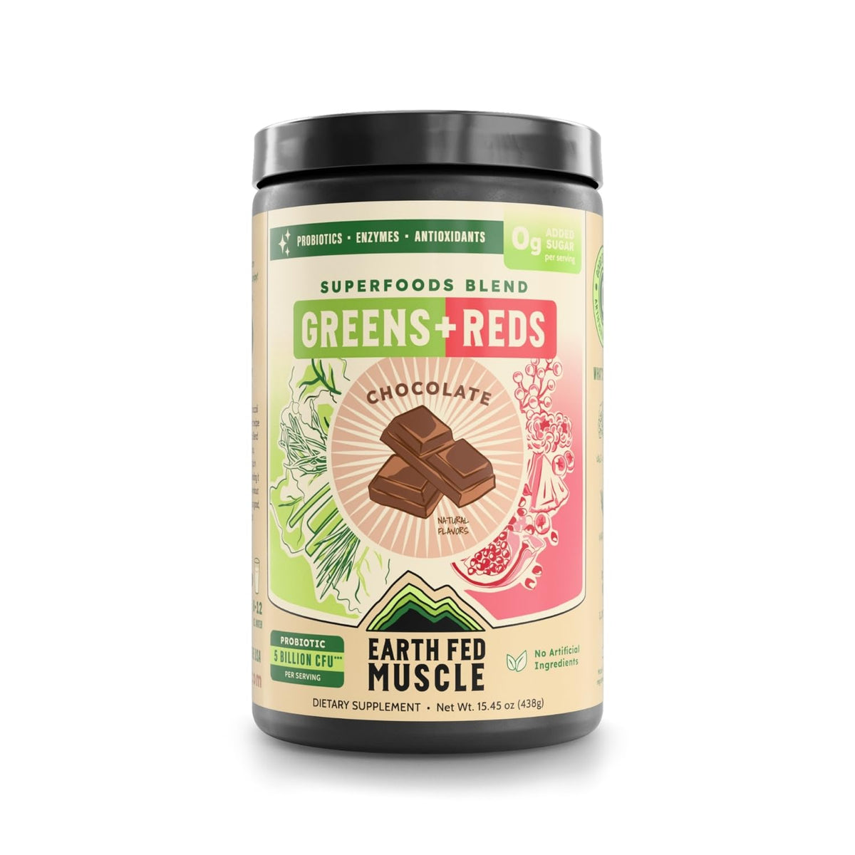 Earth Fed Muscle bottle pour of chocolate greens + reds for easy daily nutrition.