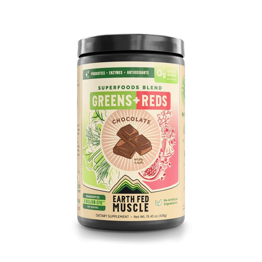 Earth Fed Muscle bottle pour of chocolate greens + reds for easy daily nutrition.