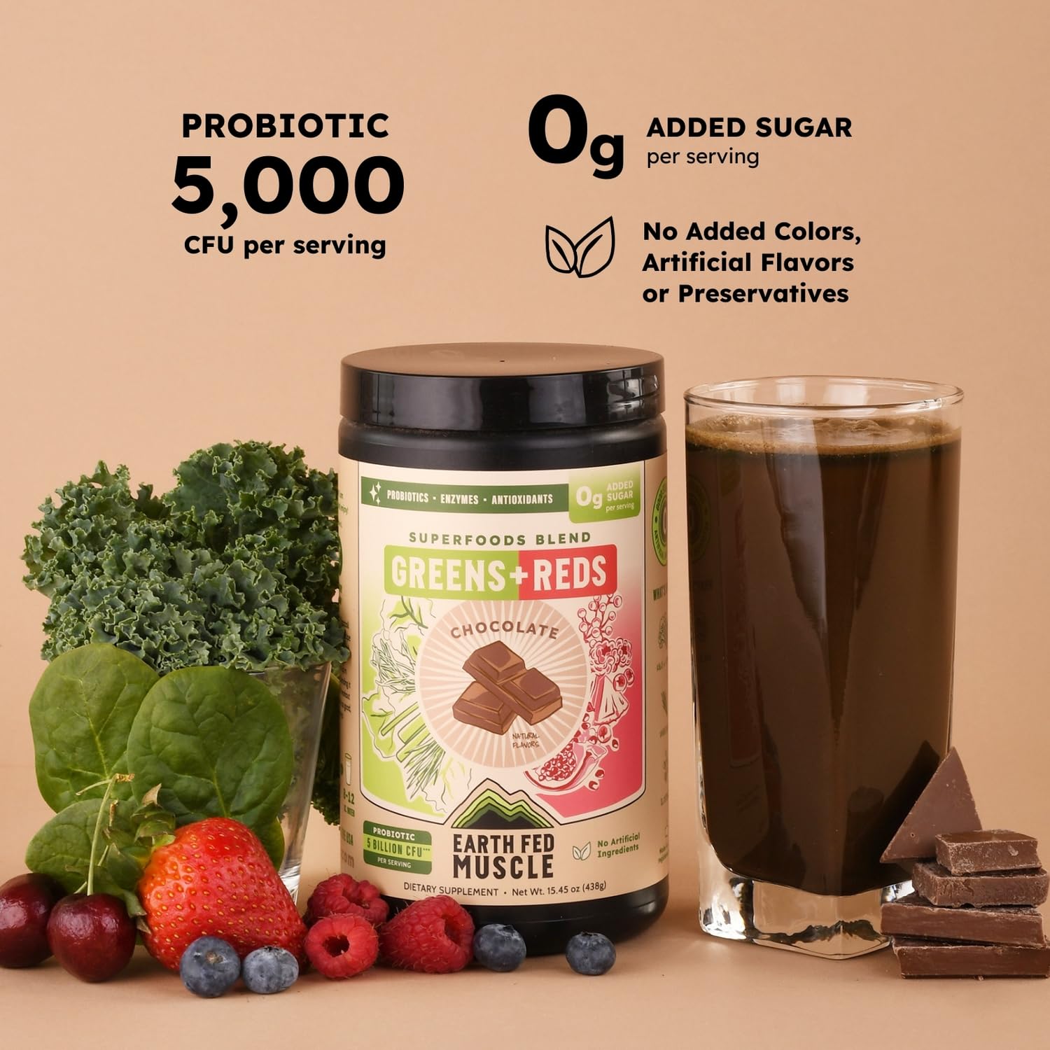 Earth Fed Muscle greens blend with spirulina and chlorella for nutrient-dense greens.