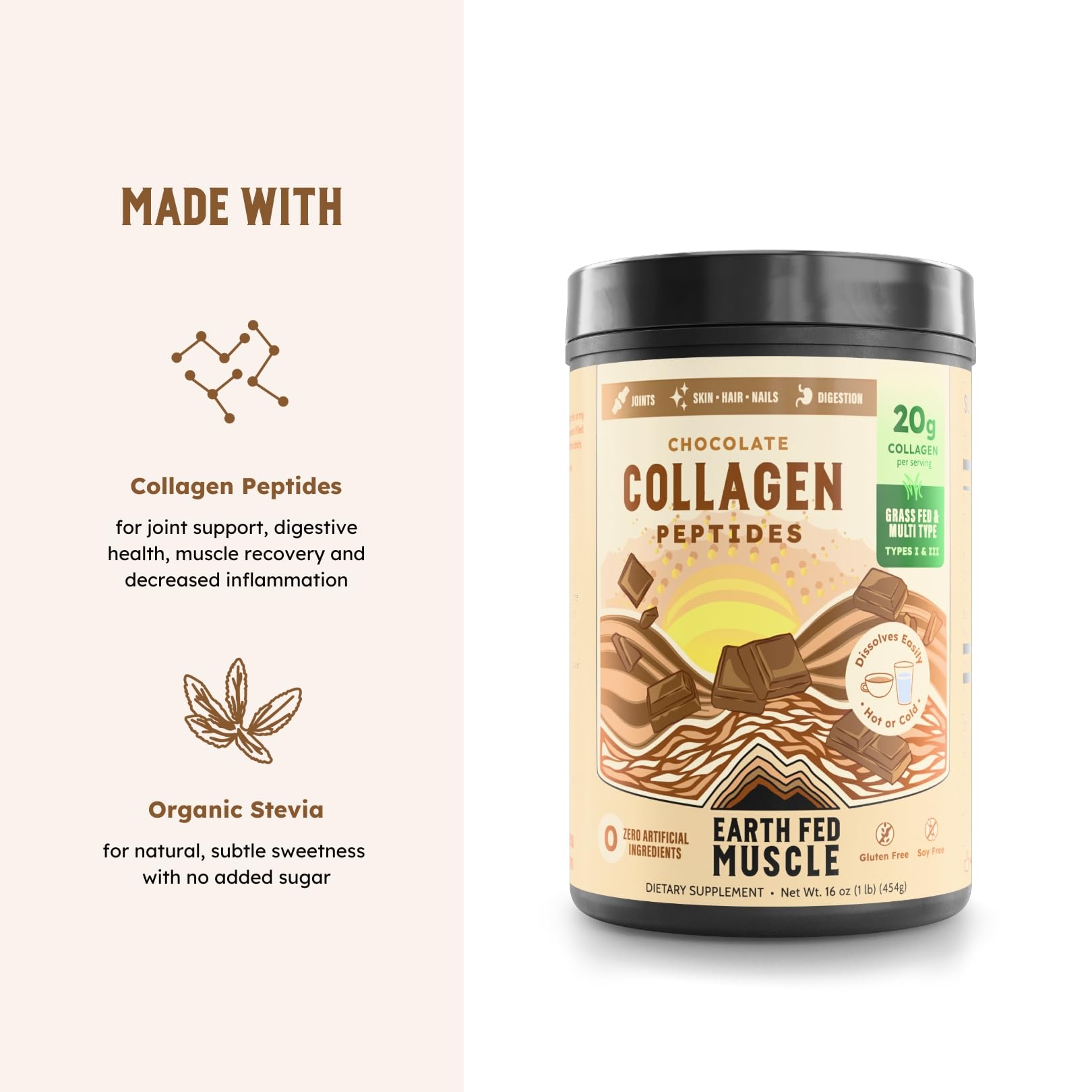 Chocolate collagen powder blends into coffee for a cocoa boost
