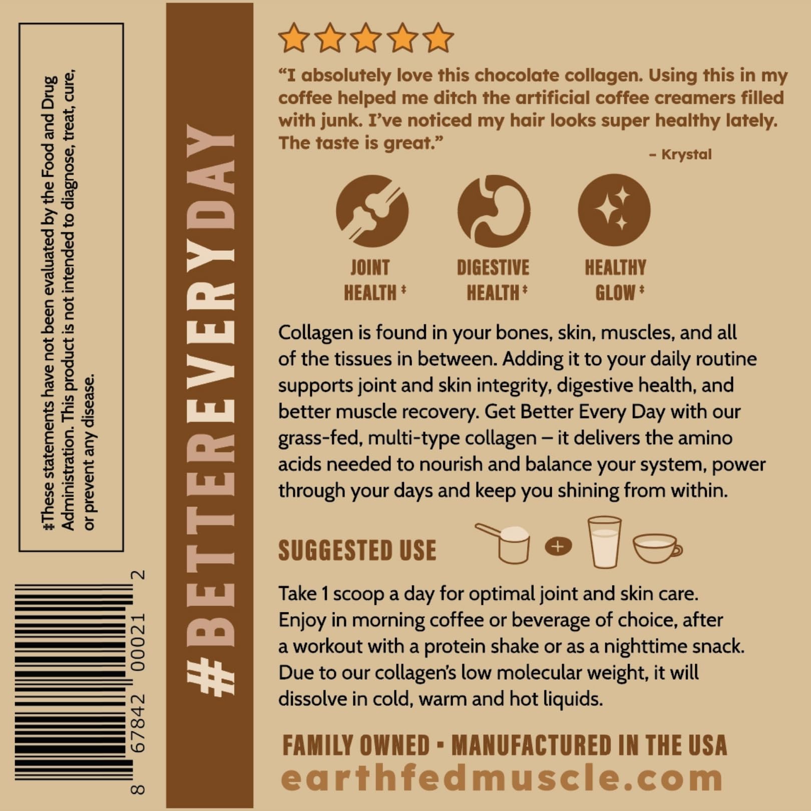 Nutrition facts panel for Earth Fed Muscle collagen powder