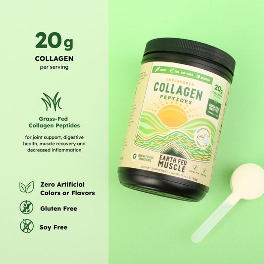 Earth Fed Muscle collagen powder scoop highlights convenient, clump-free mixing.