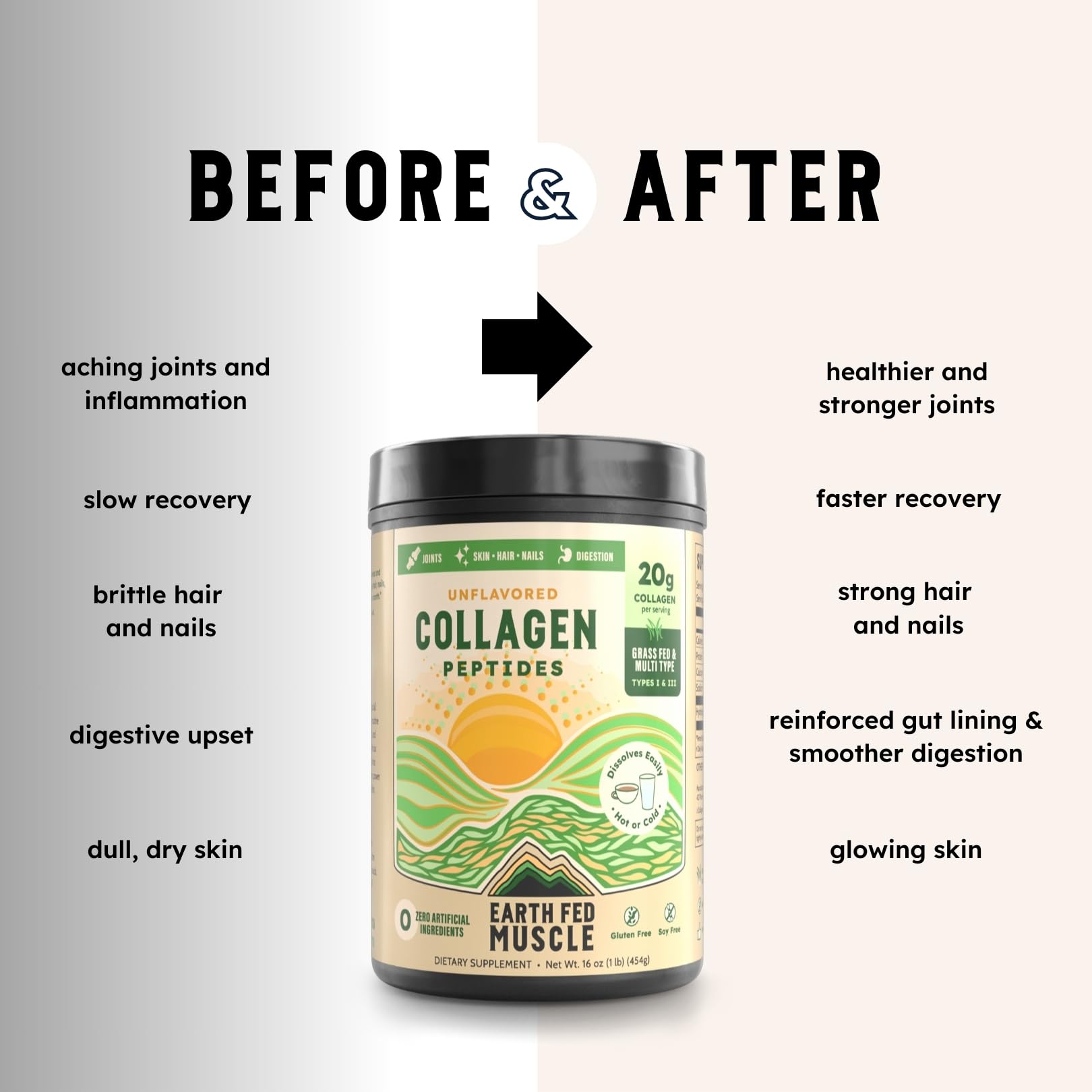 Earth Fed Muscle collagen powder texture closeup emphasizes purity and mixability.