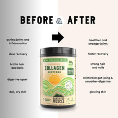 Earth Fed Muscle collagen powder texture closeup emphasizes purity and mixability.