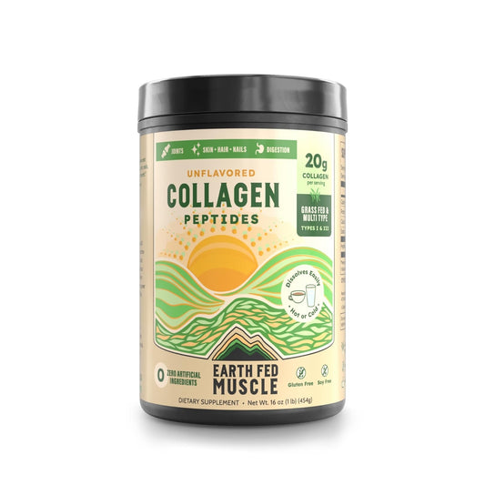 Earth Fed Muscle collagen powder unflavored jar supports daily hair, skin, and joint wellness.