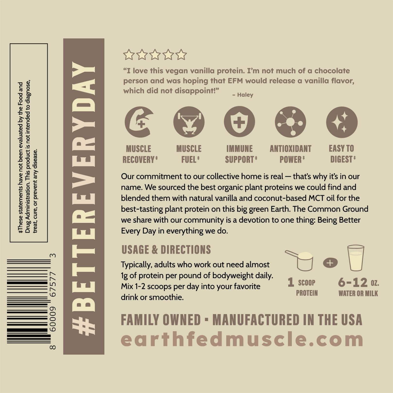 Earth Fed Muscle Common Ground Vanilla bottle on a kitchen counter