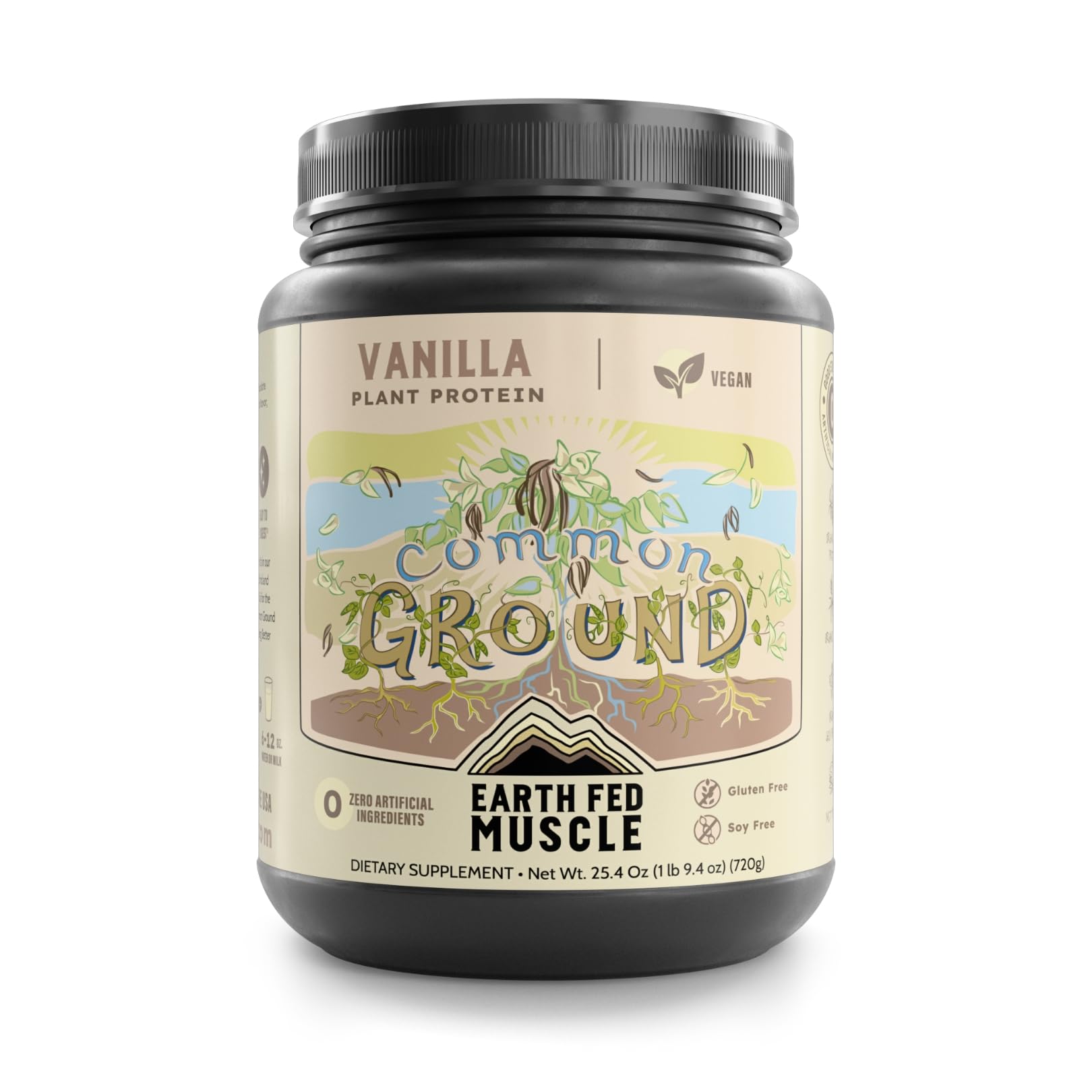 Earth Fed Muscle Common Ground Vanilla protein powder bottle showing creamy vanilla flavor for daily plant protein