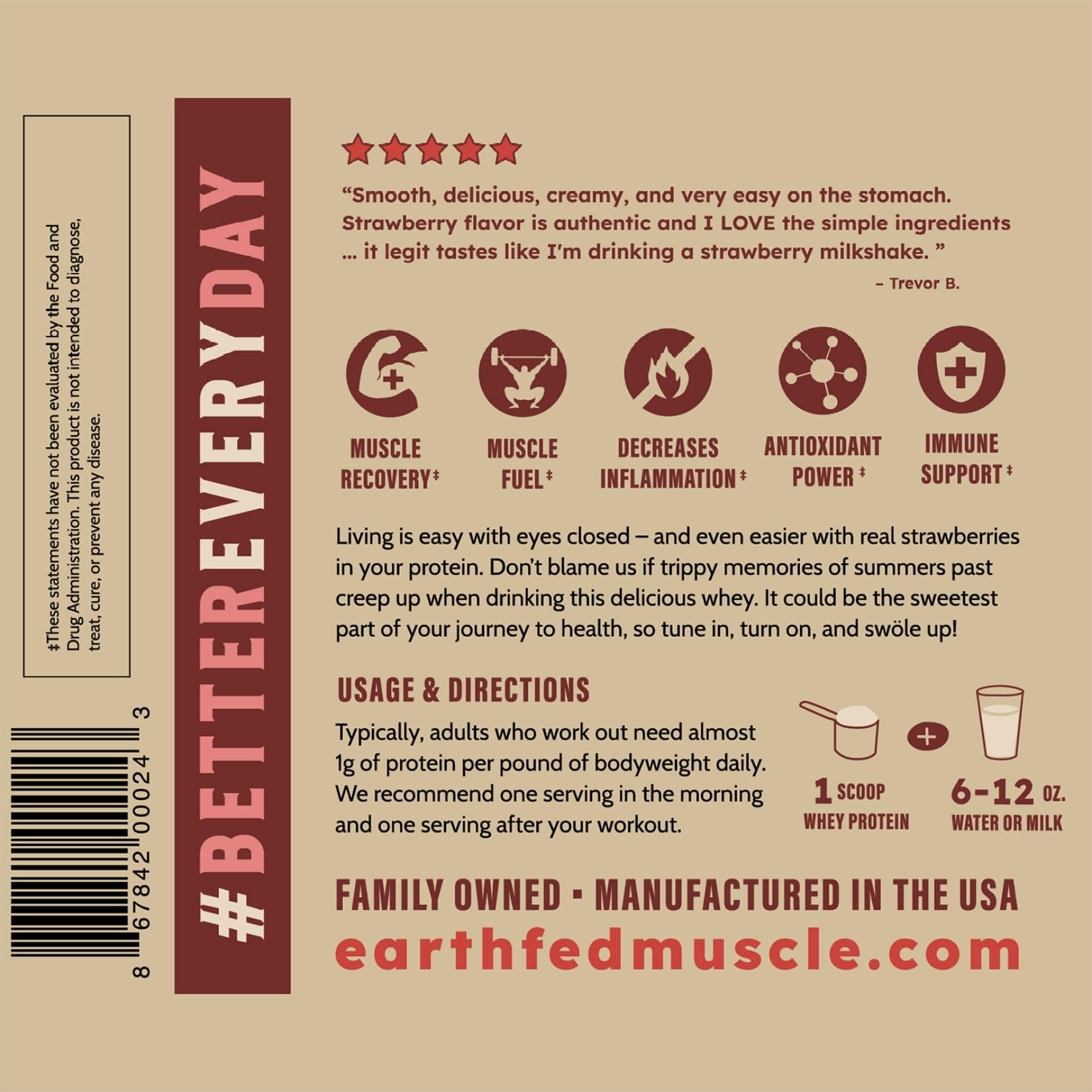 Earth Fed Muscle gluten-free soy-free packaging: inclusive protein option for dietary needs.
