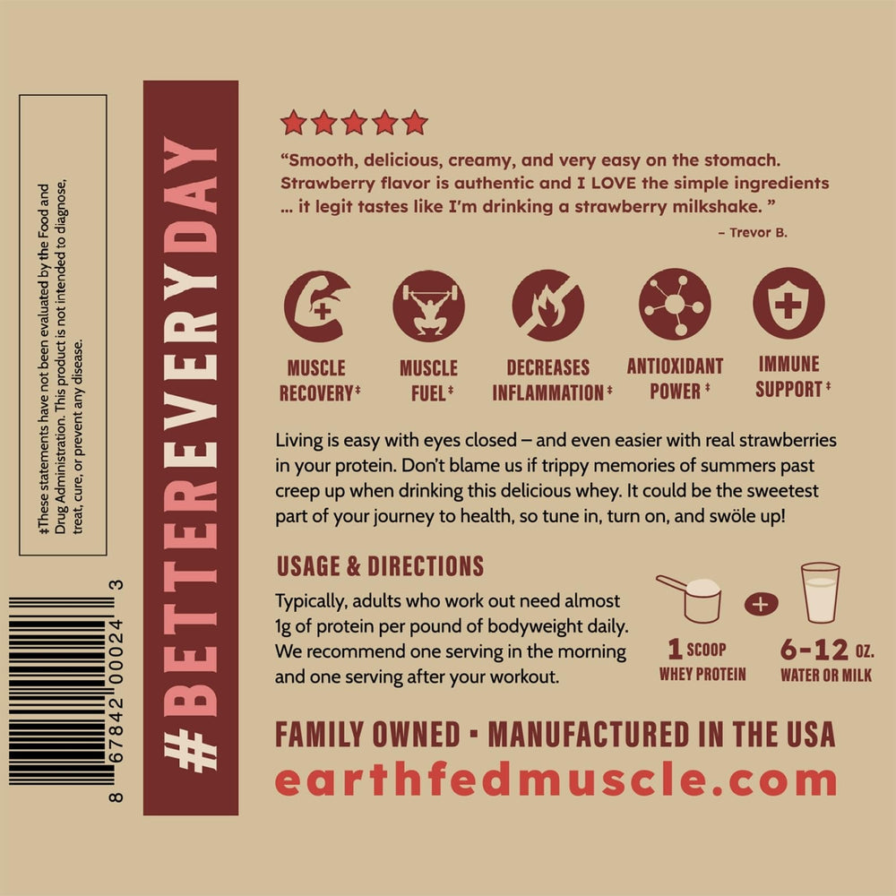 Earth Fed Muscle gluten-free soy-free packaging: inclusive protein option for dietary needs.