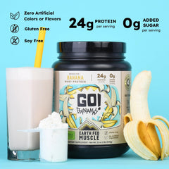 Earth Fed Muscle Go! Bananas powder beside oats for a nutritious breakfast boost.