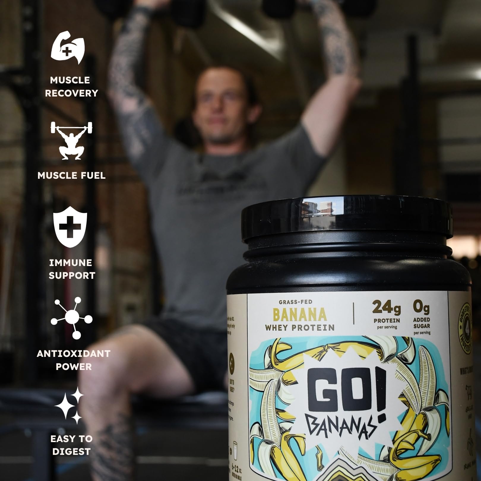 Earth Fed Muscle Go! Bananas whey dissolves quickly in water for fast recovery.