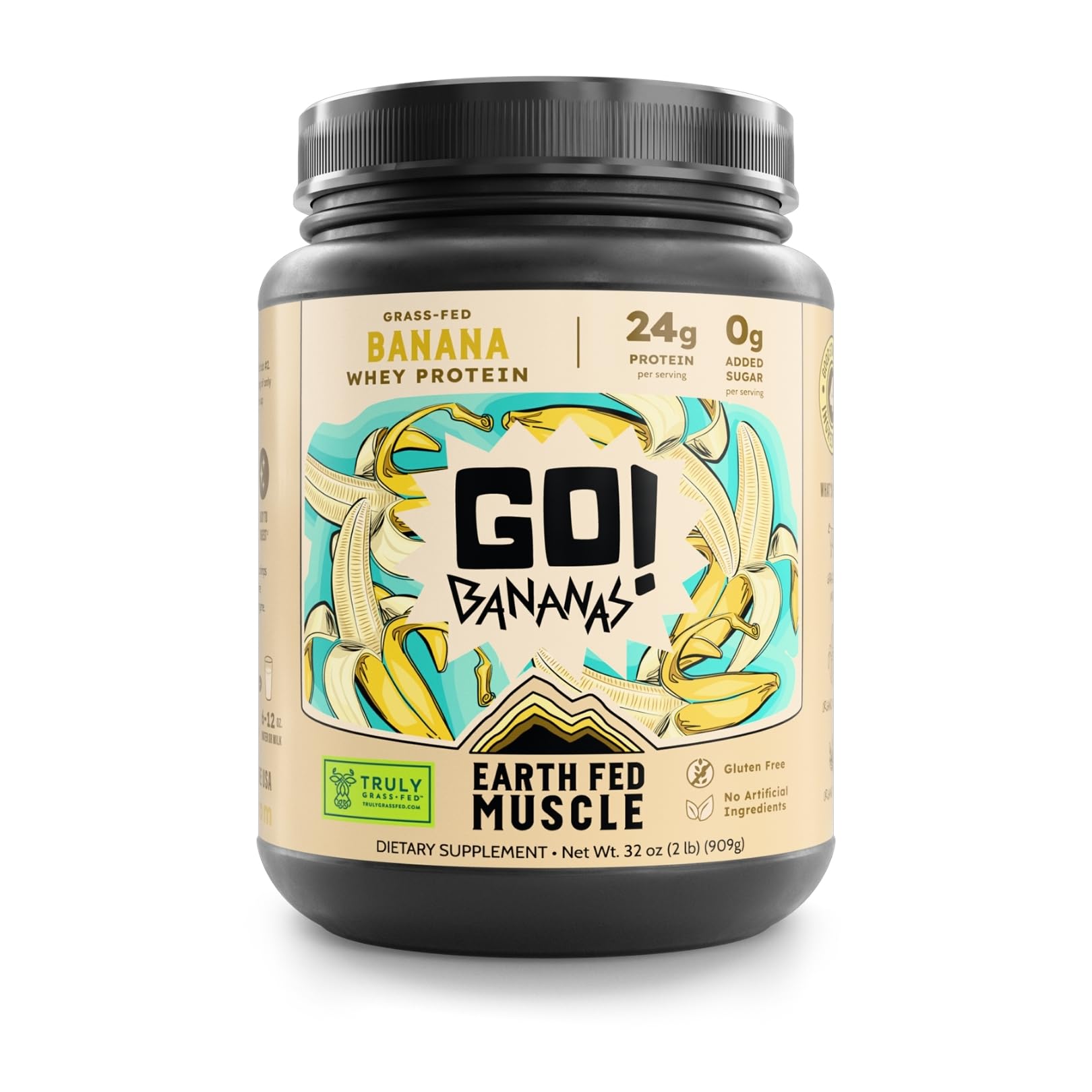 Earth Fed Muscle Go! Bananas whey scoop in a bottle for a quick protein shake.