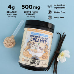 Earth Fed Muscle Morning Charge ingredients glass bowl highlights coconut milk powder in a dairy-free formula.