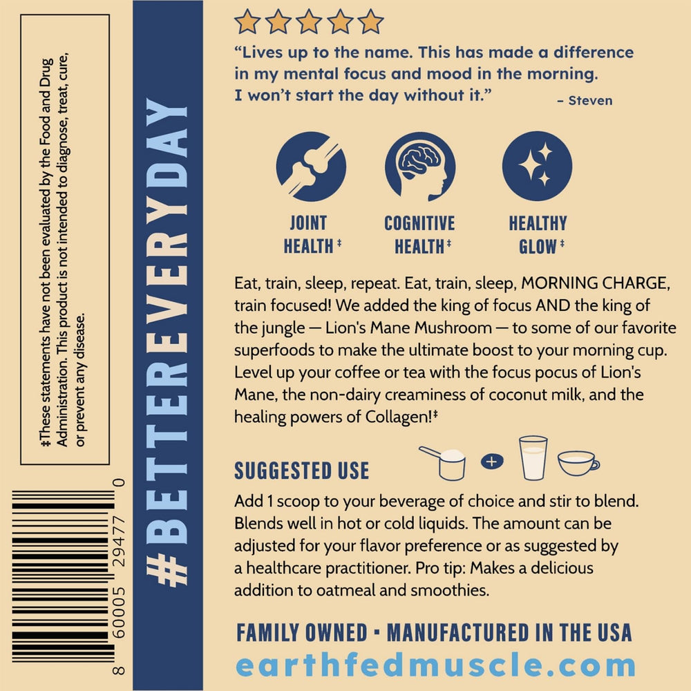 Earth Fed Muscle Morning Charge packaging front showcases organic ingredients and eco-friendly design.