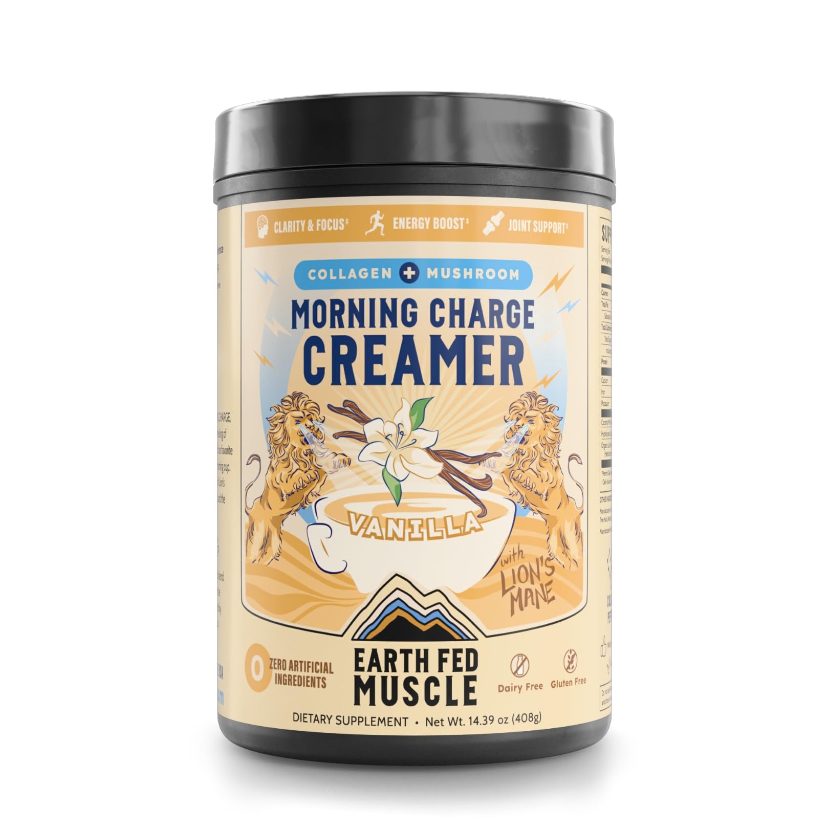 Earth Fed Muscle Morning Charge bottle pour shows creamy vanilla coffee creamer for a smooth cup.
