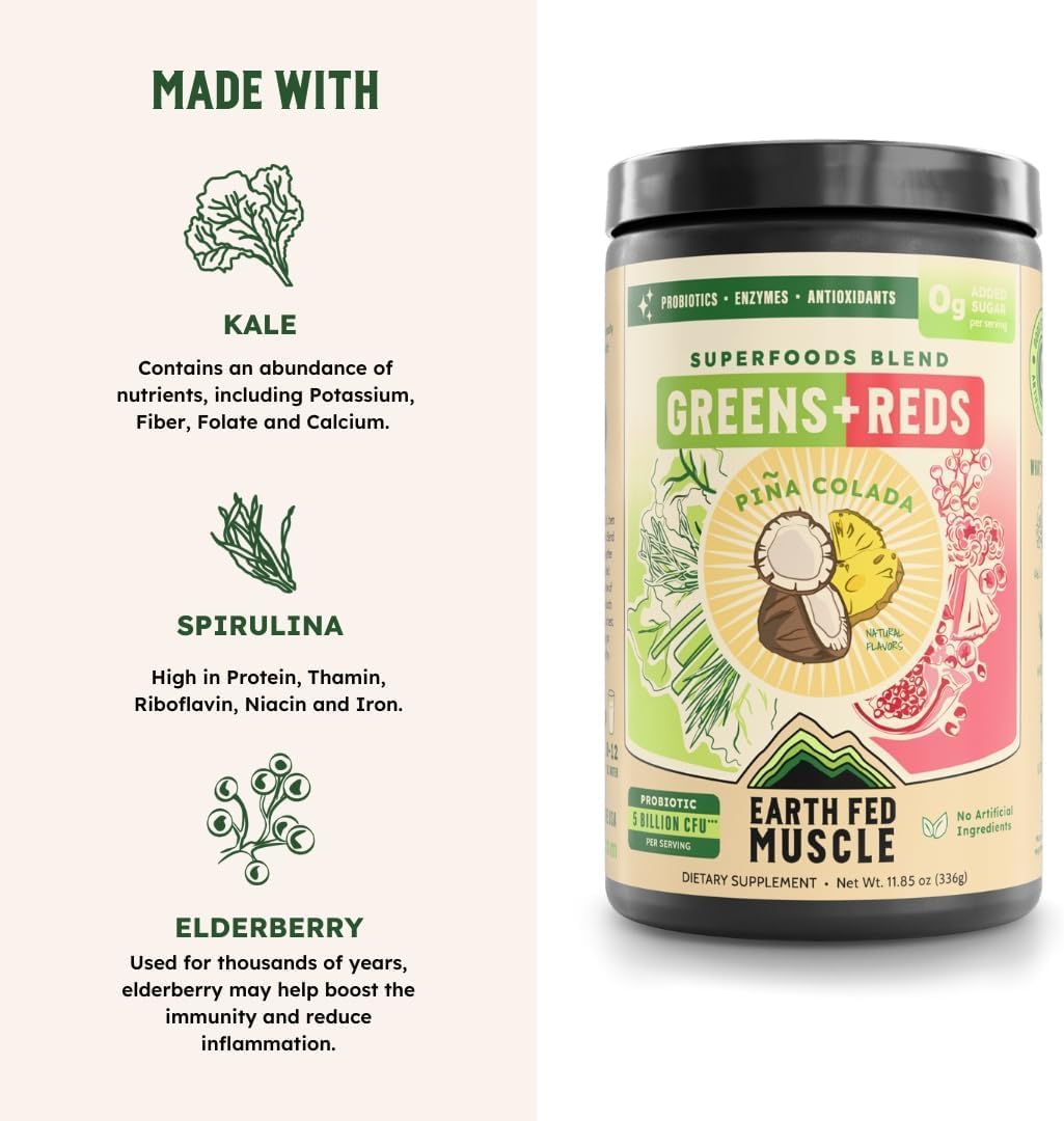 Earth Fed Muscle Organic kale spinach greens powder bottle, convenient daily greens.
