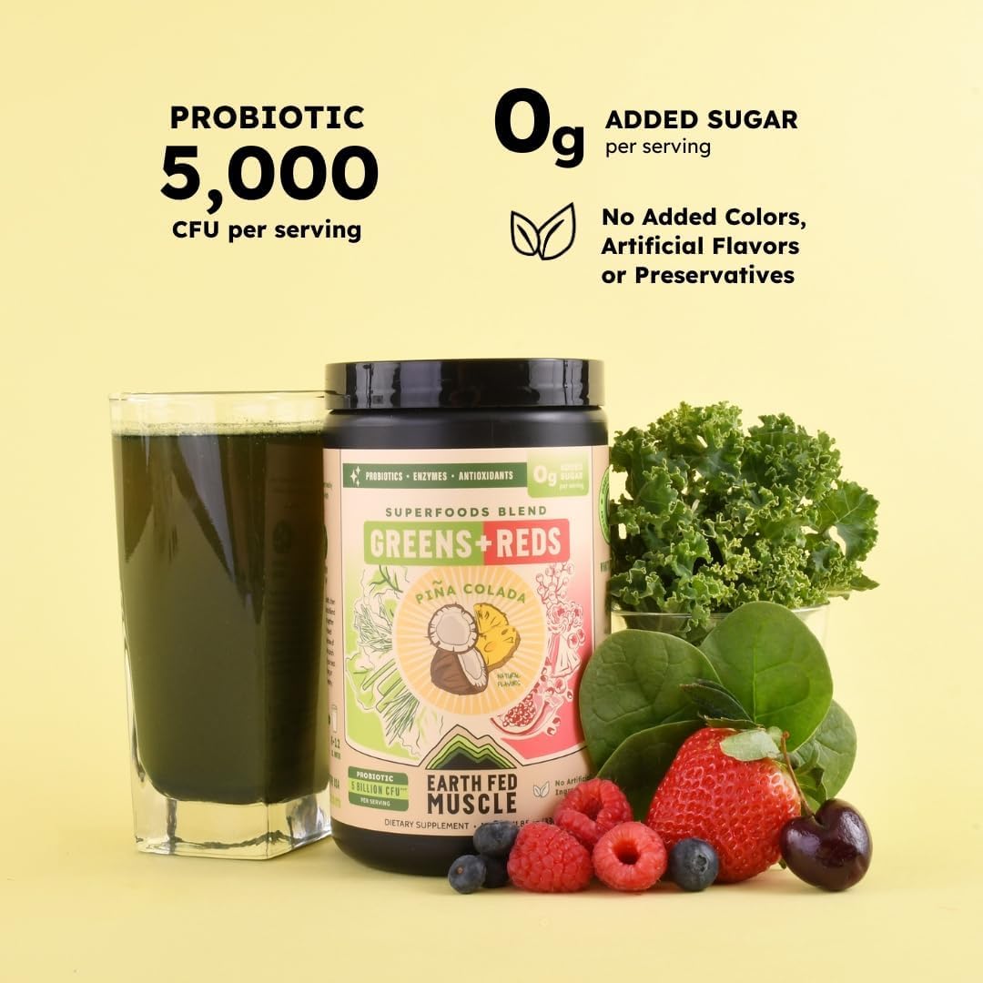 Earth Fed Muscle Pina Colada smoothie serving, tropical flavor with greens.