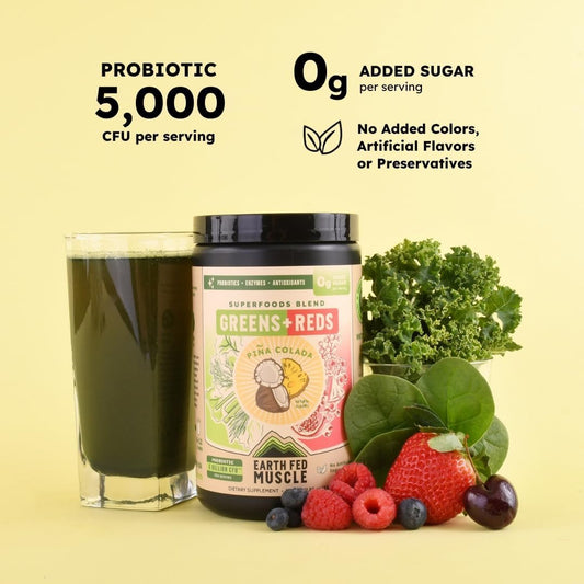Earth Fed Muscle Pina Colada smoothie serving, tropical flavor with greens.