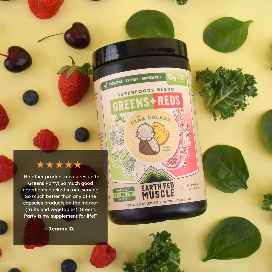 Earth Fed Muscle Pineapple Pomegranate ingredients display, tropical reds and greens.