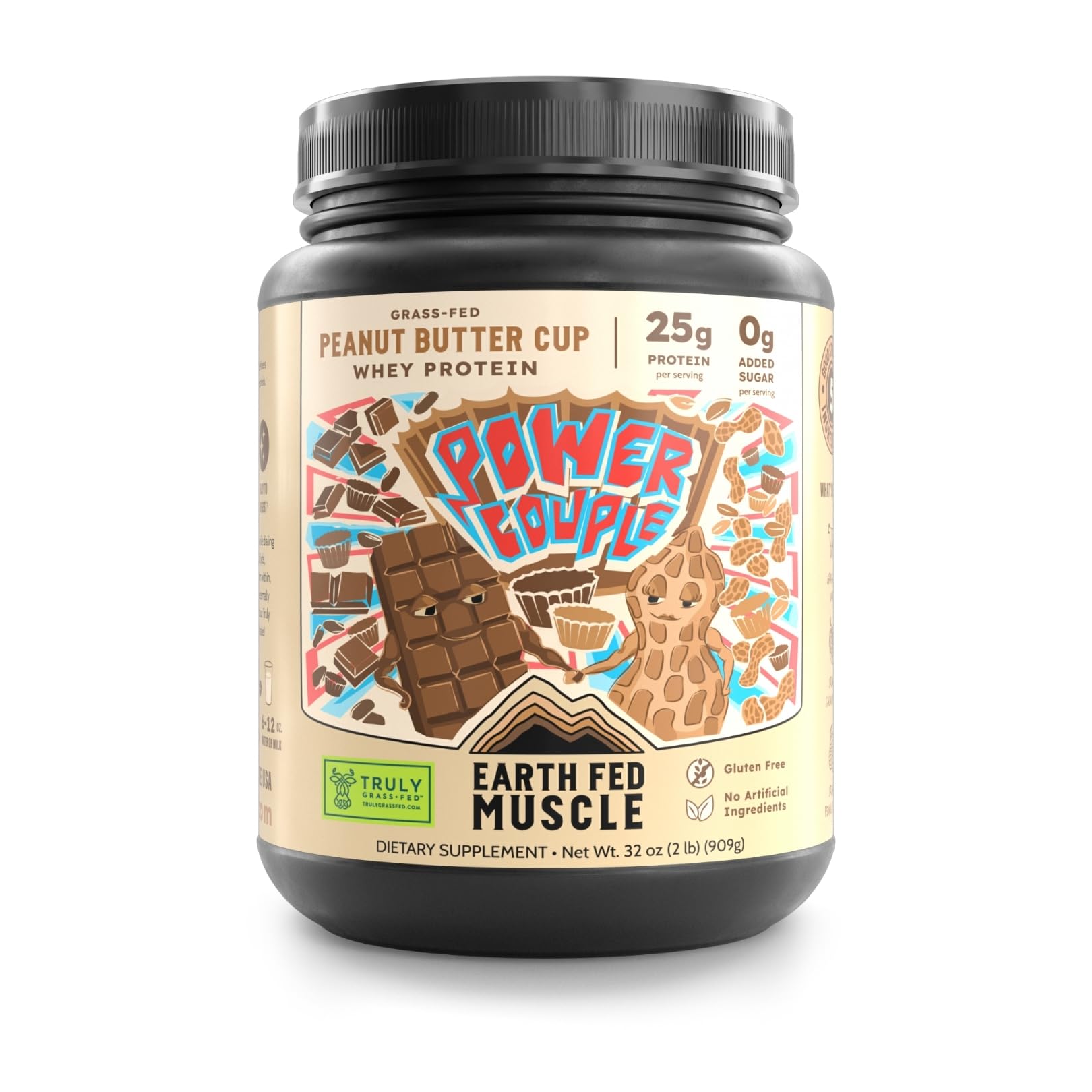 Earth Fed Muscle Power Couple peanut butter chocolate whey bottle highlighting grass-fed protein for post-workout recovery.