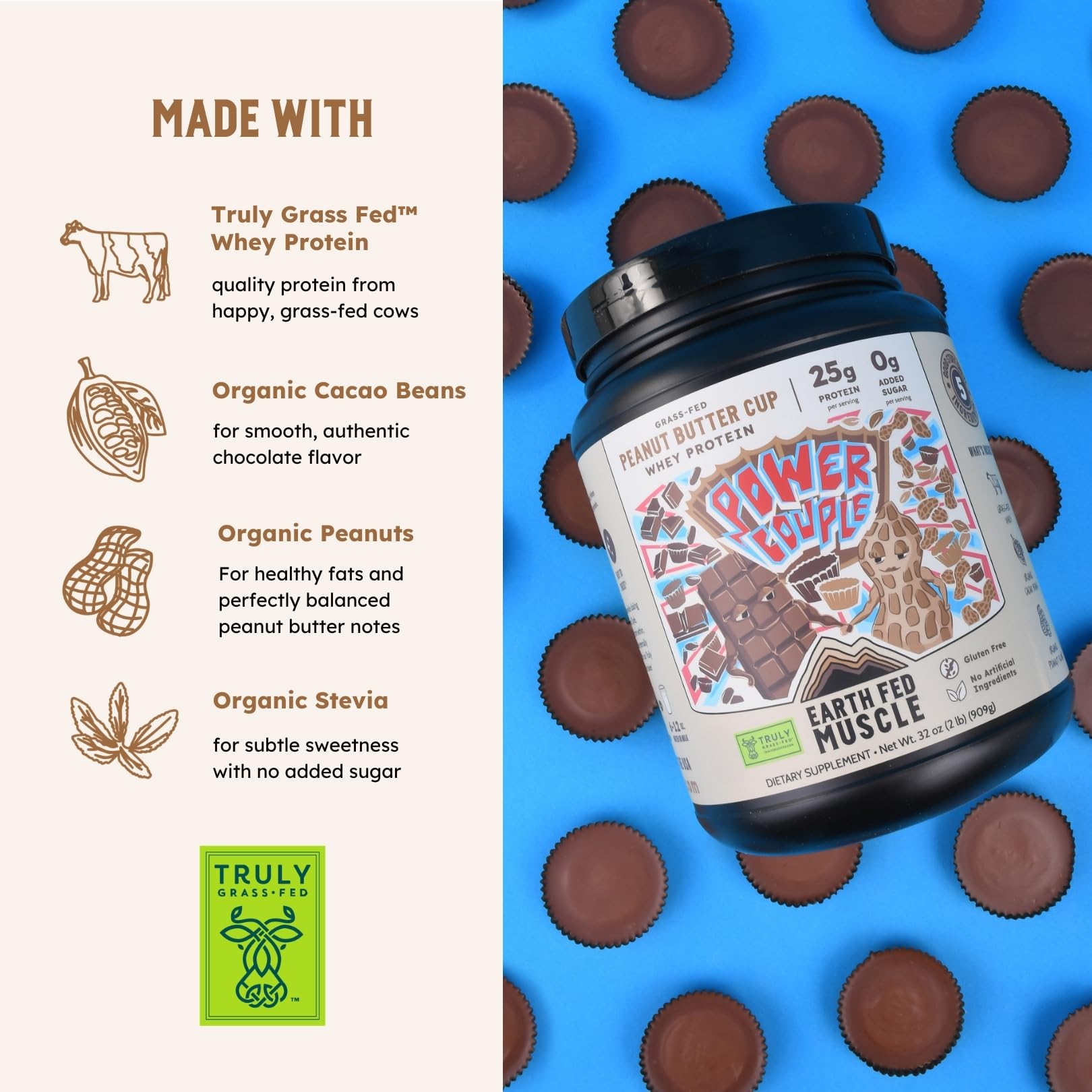 Earth Fed Muscle protein scoop pouring chocolate peanut butter flavor for smooth shakes.