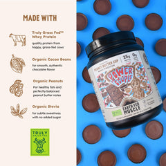 Earth Fed Muscle protein scoop pouring chocolate peanut butter flavor for smooth shakes.