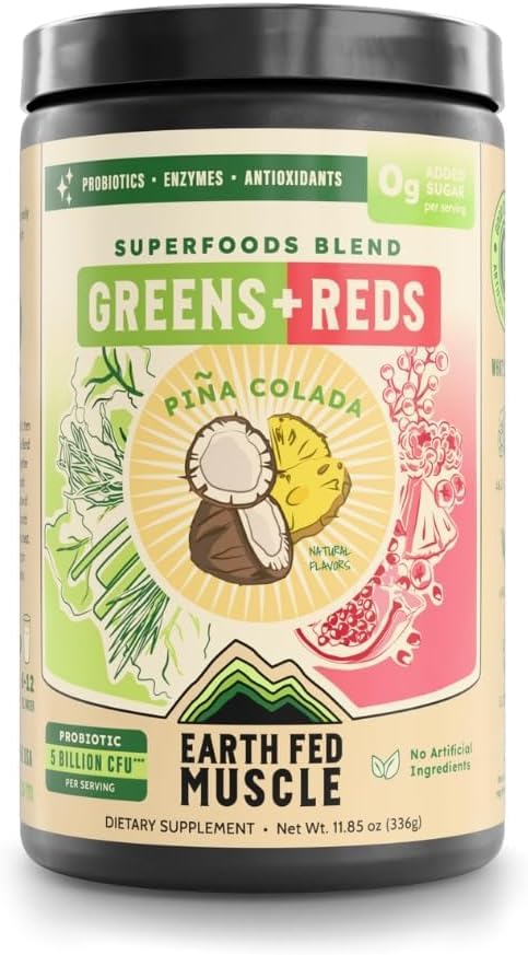 Earth Fed Muscle Reds & Greens Pina Colada powder tub, nutrient-rich greens boost.