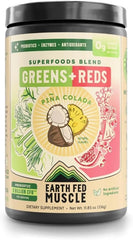 Earth Fed Muscle Reds & Greens Pina Colada powder tub, nutrient-rich greens boost.