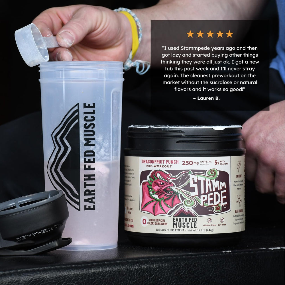 Earth Fed Muscle Stammpede Dragon Fruit Punch label closeup communicates premium formulation.
