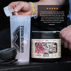 Earth Fed Muscle Stammpede Dragon Fruit Punch label closeup communicates premium formulation.