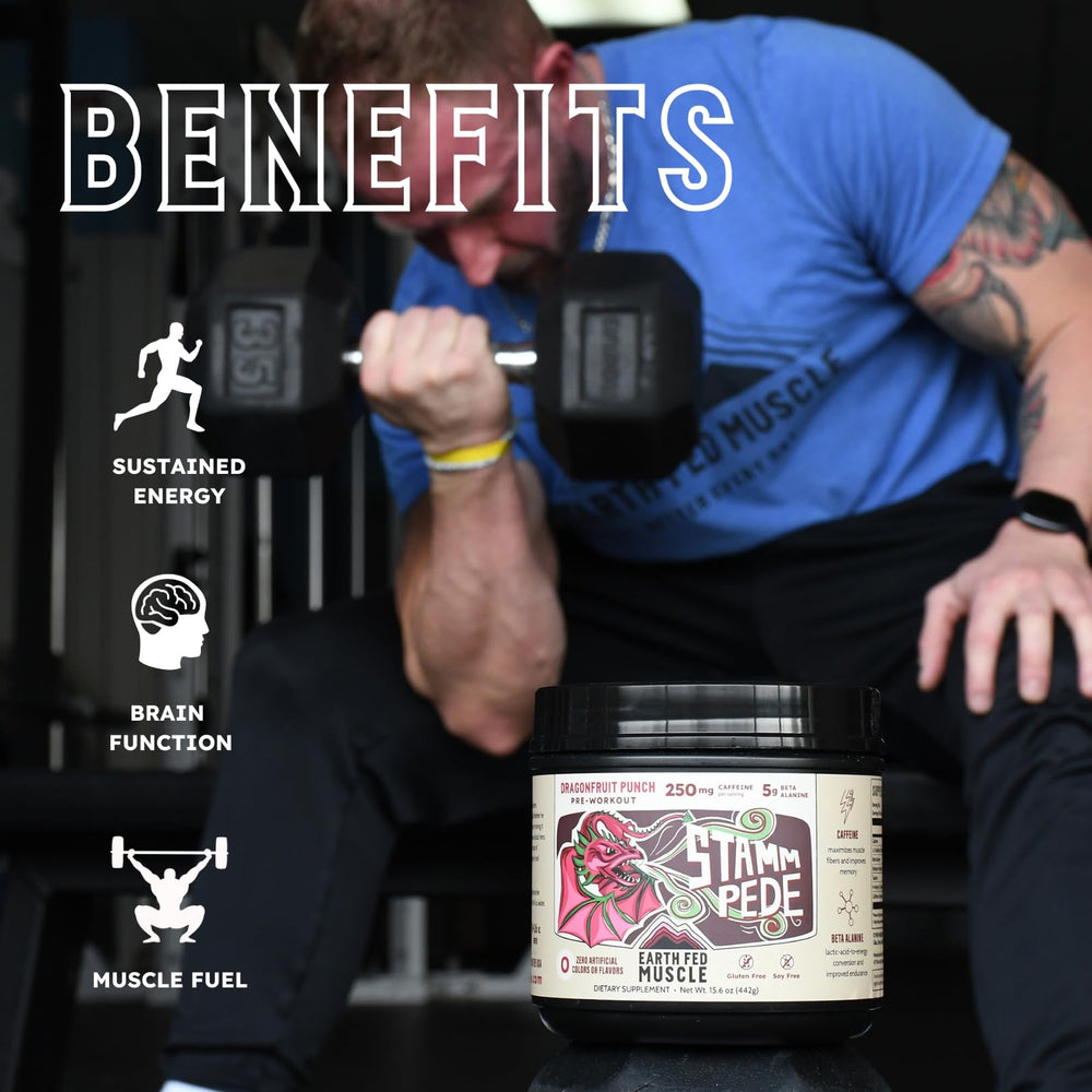 Earth Fed Muscle Stammpede Dragon Fruit Punch powder pouring into water for easy preparation.