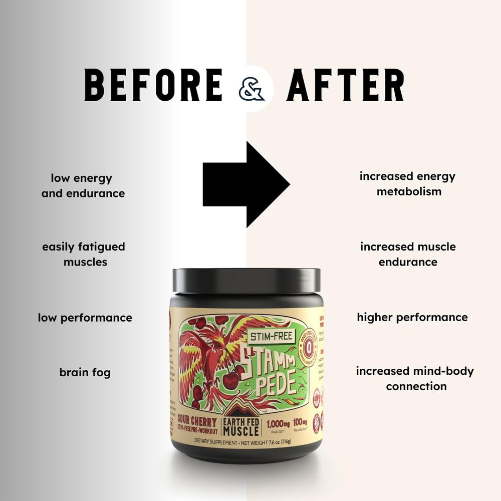 Front label of Stammpede Sour Cherry highlights vegan and caffeine-free ingredients