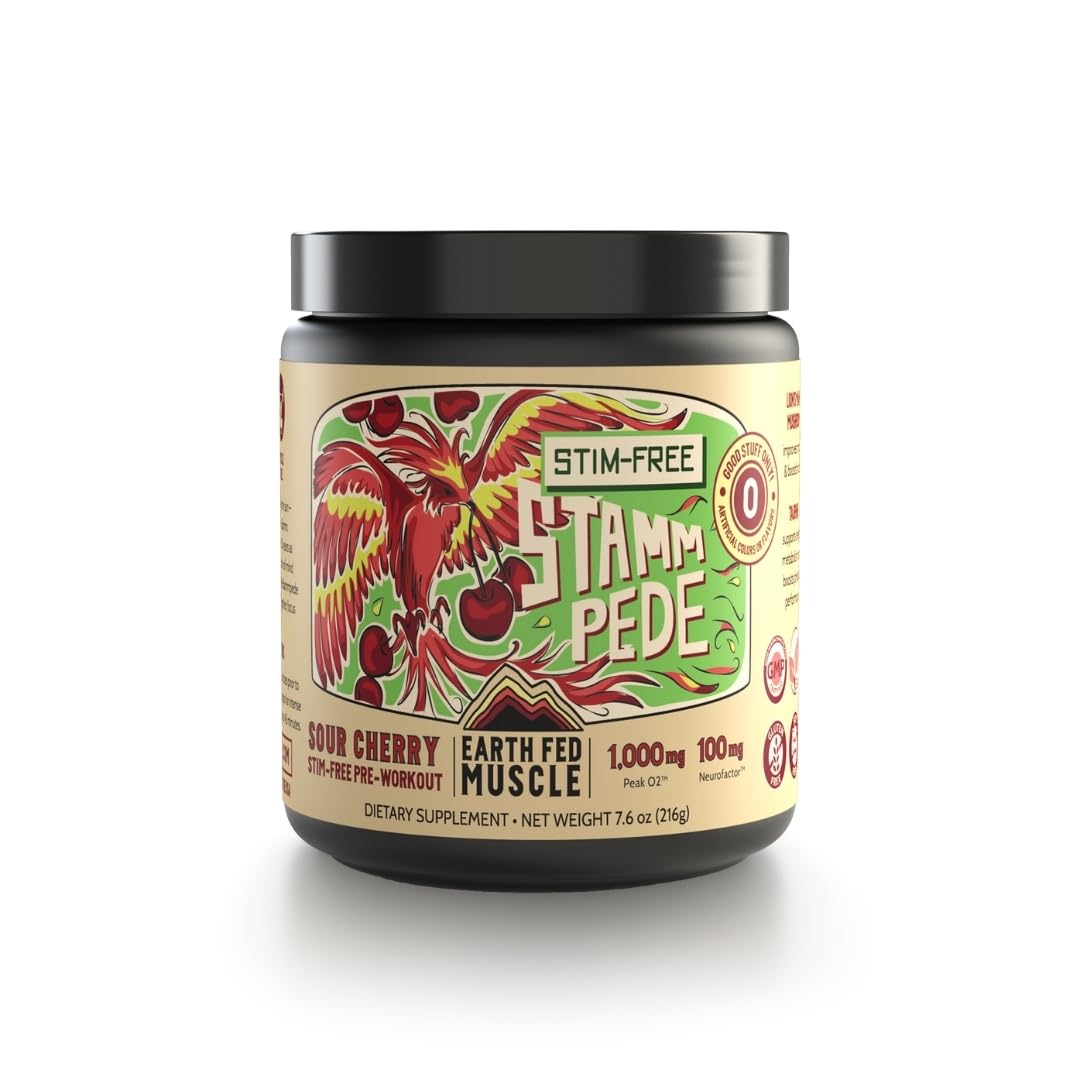 Earth Fed Muscle Stammpede Sour Cherry tub shows caffeine-free formula for clean energy