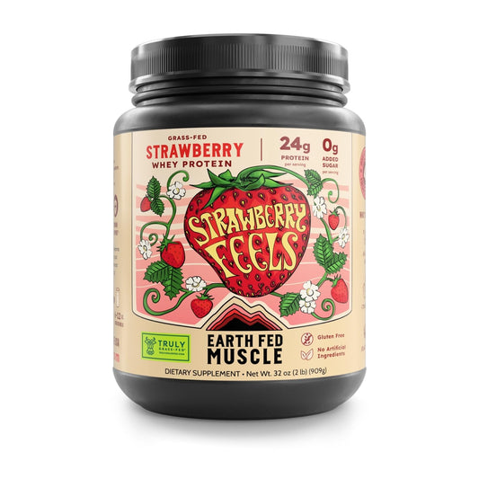 Earth Fed Muscle Strawberry Feels bottle: grass-fed whey for a protein-rich shake.