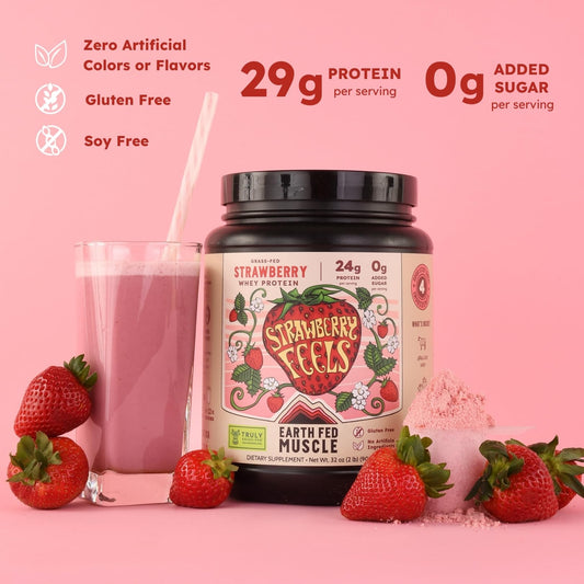 Earth Fed Muscle Strawberry Feels scoop: precise serving for lean muscle support.