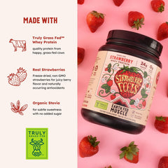Earth Fed Muscle Strawberry Feels shake glass: smooth, clump-free mix for quick meals.