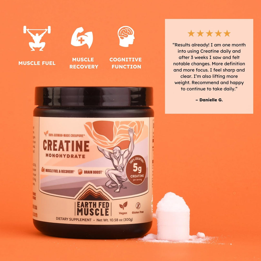 Close up label highlights German Creapure purity and unflavored formula