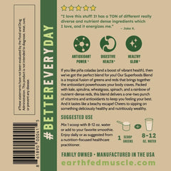 Earth Fed Muscle tub front label, no added sugar and non-GMO.