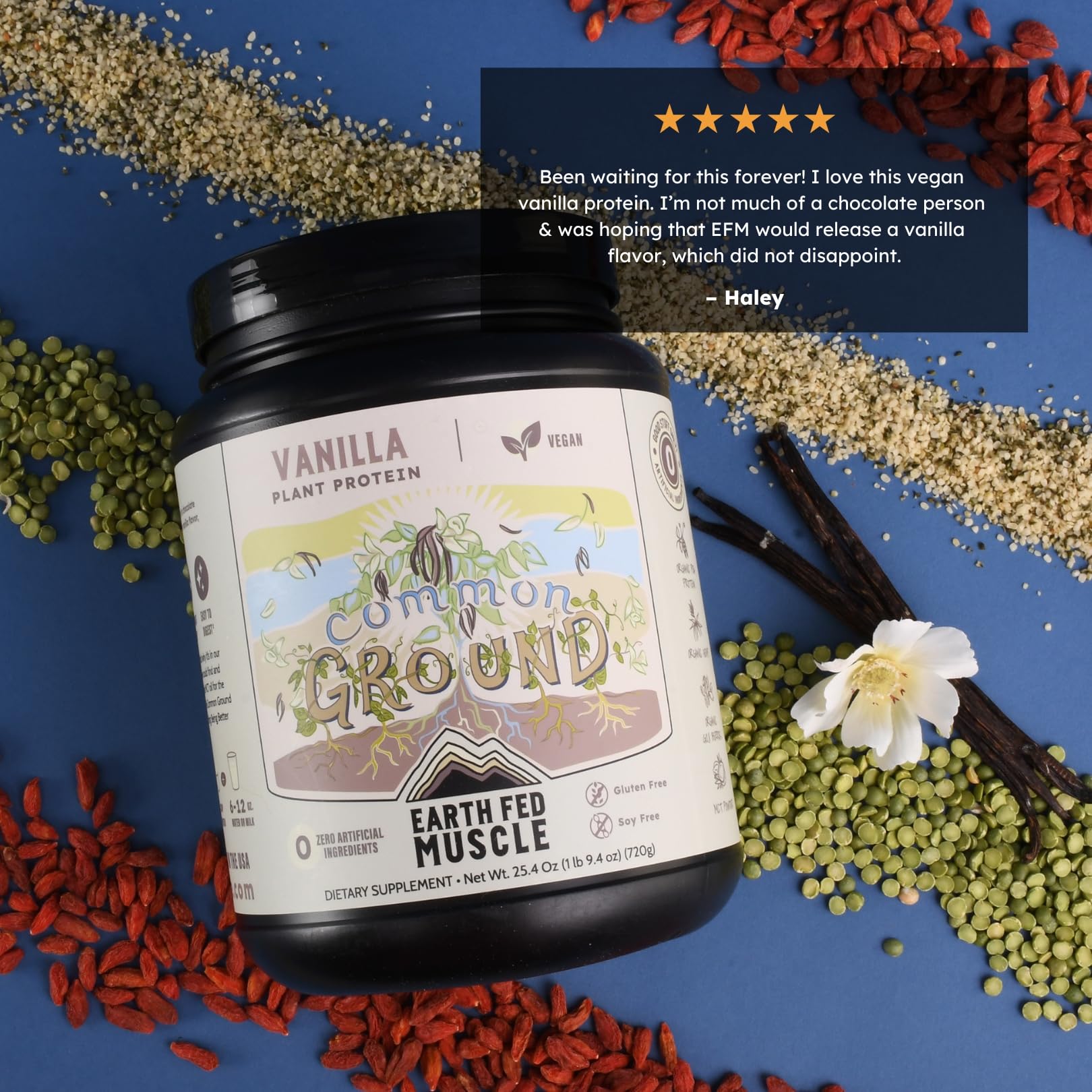 Earth Fed Muscle Vanilla protein powder in a glass shaker ready to mix