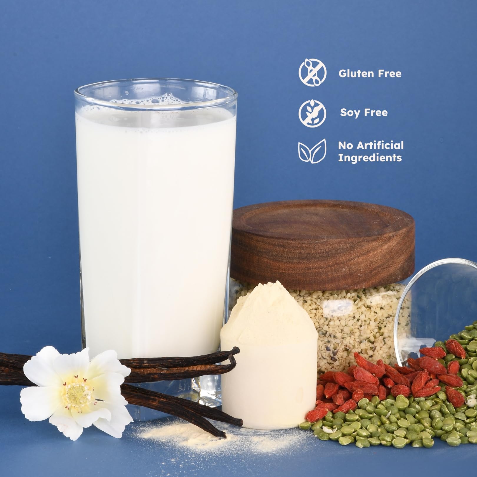 Earth Fed Muscle Vanilla protein powder open bag on kitchen counter