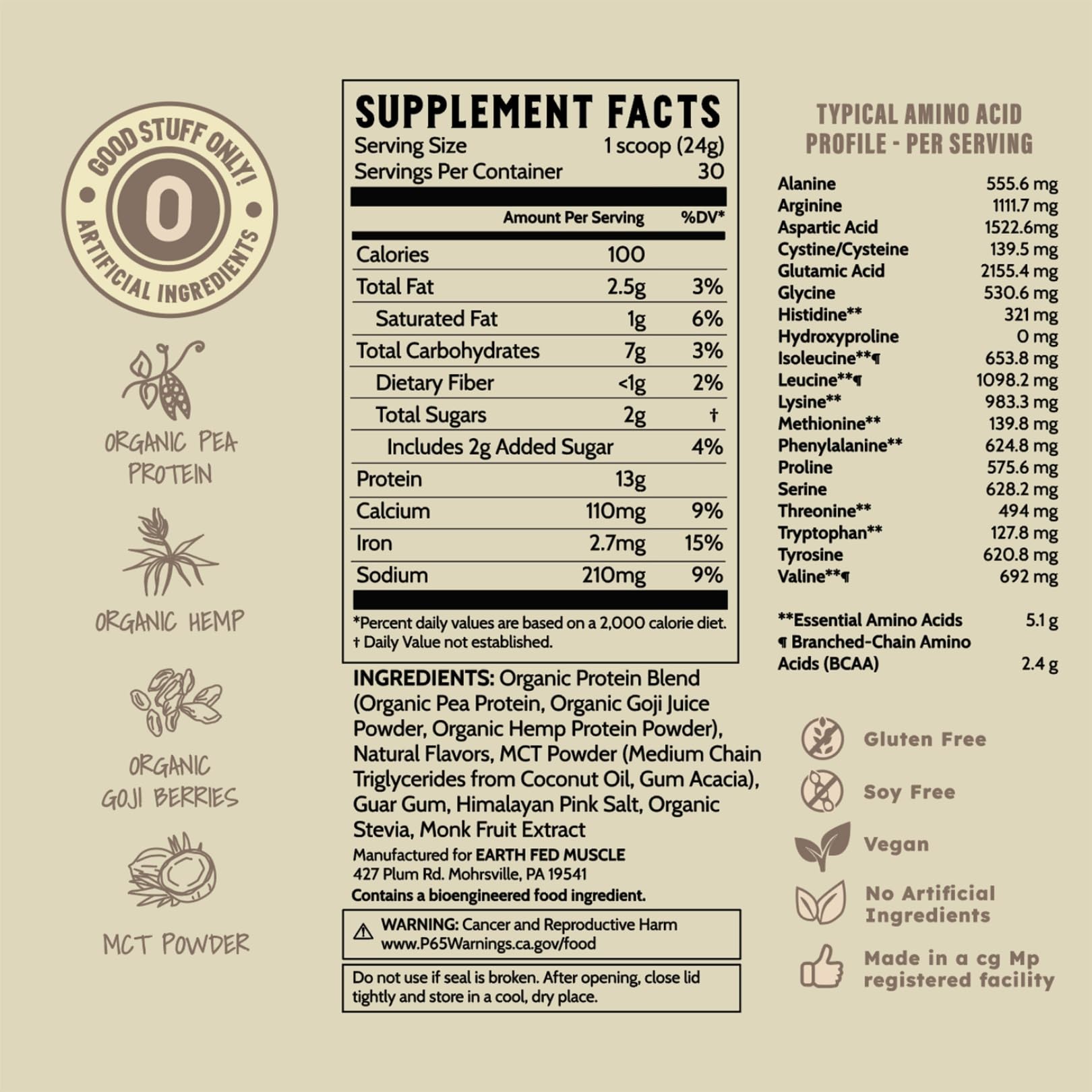 Earth Fed Muscle Vanilla protein powder close view of ingredients label