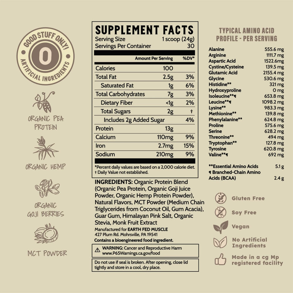 Earth Fed Muscle Vanilla protein powder close view of ingredients label