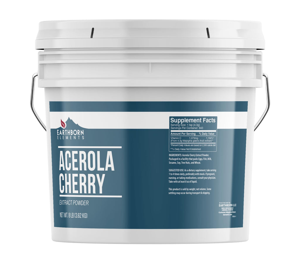 Earthborn Elements Acerola Cherry Powder in a resealable bucket for fresh storage and convenient use.