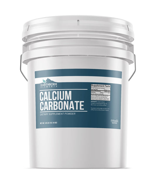 Earthborn Elements calcium carbonate powder bucket top view, resealable for easy storage