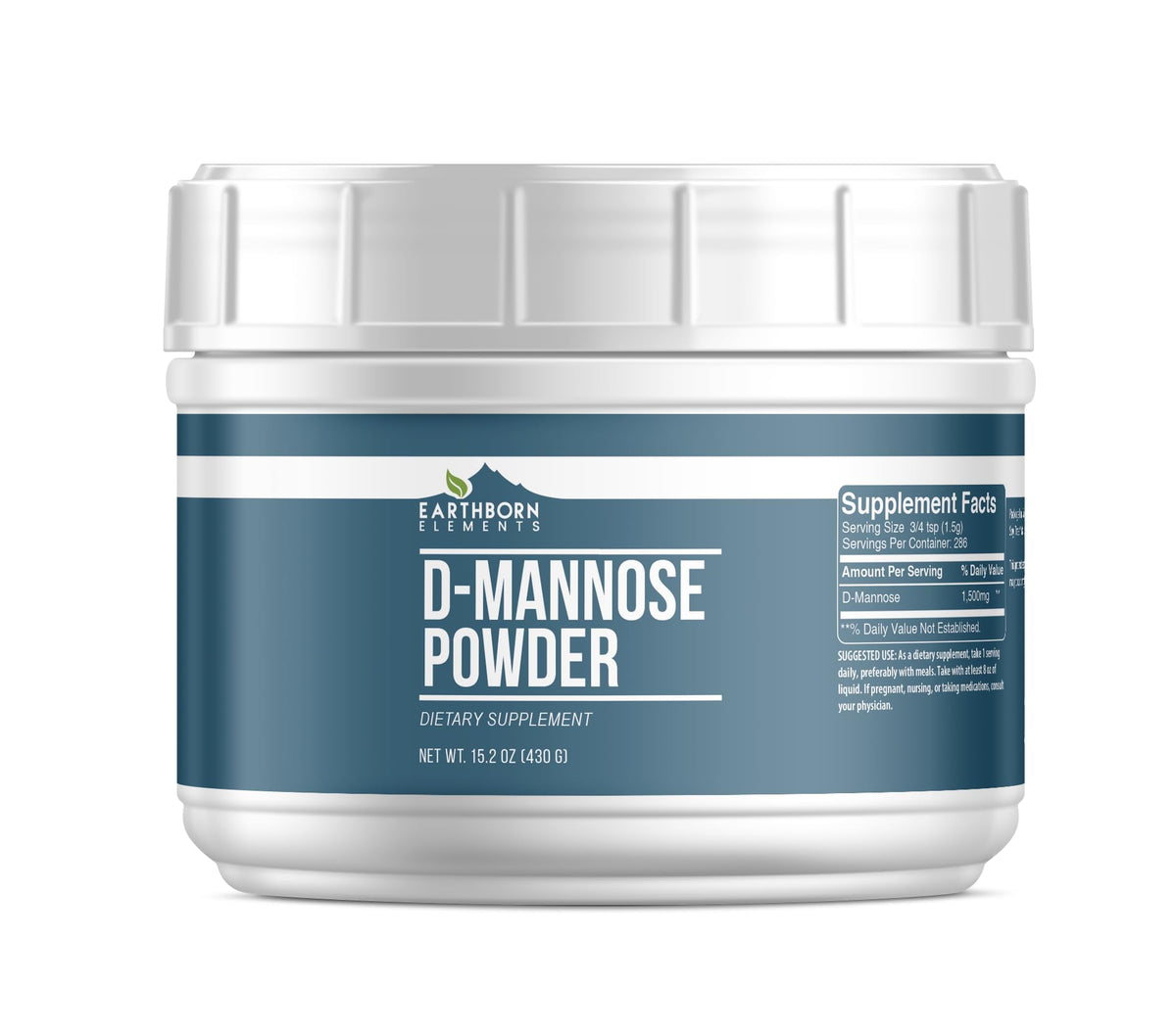 Earthborn Elements D-Mannose powder container shows a pure non-GMO formula for daily use.