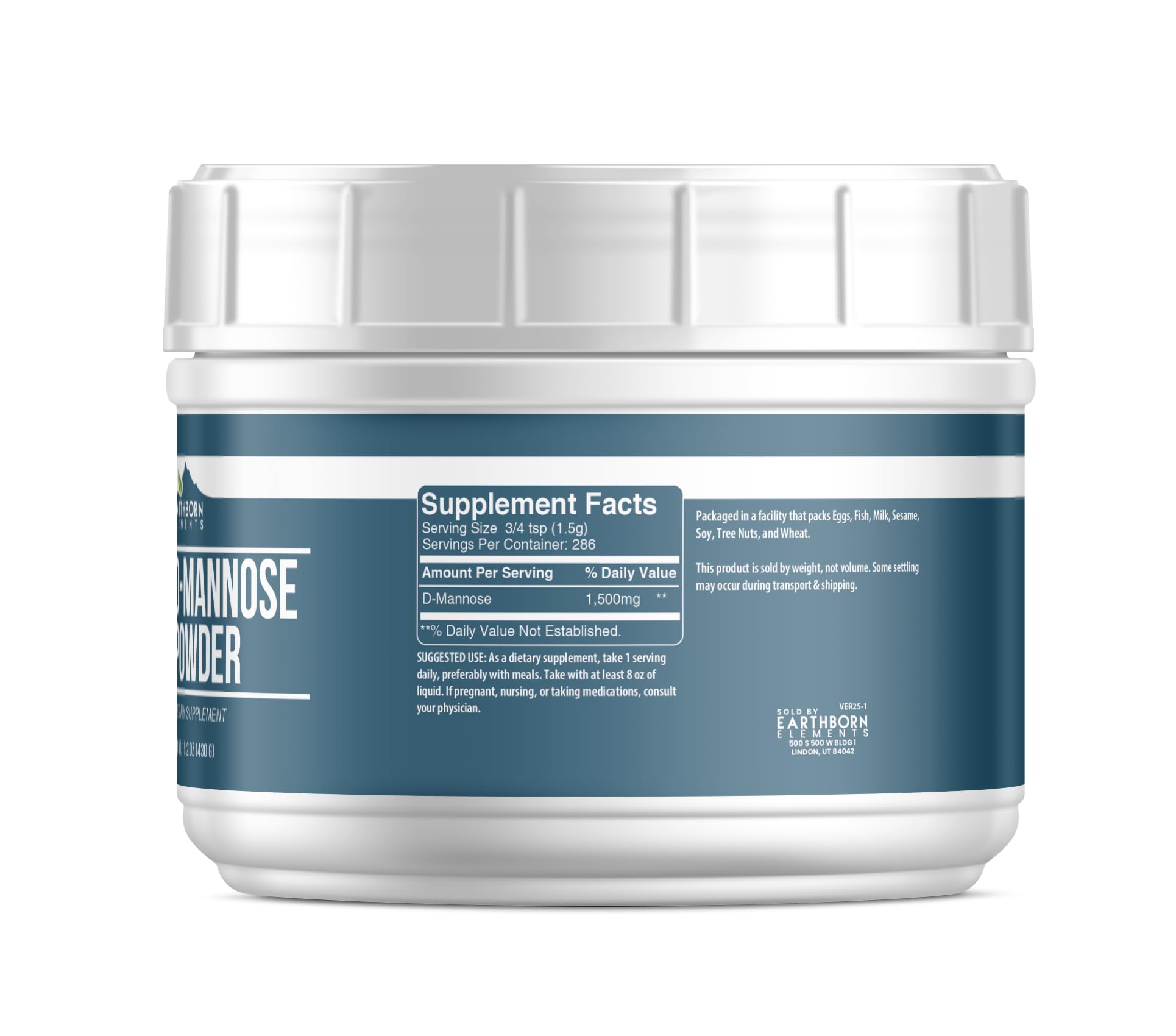 Earthborn Elements D-Mannose powder scoop shown for easy measurement and dosing.